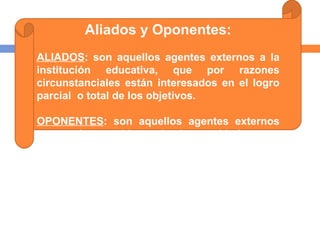 Aliados y Oponentes: ALIADOS : son aquellos agentes externos a la institución educativa, que por razones circunstanciales están interesados en el logro parcial  o total de los objetivos. OPONENTES : son aquellos agentes externos que no desean el logro de ciertos objetivos por parte de la institución educativa, y que a veces, ni siquiera están interesados en su supervivencia.    