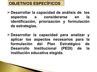 OBJETIVOS ESPECÍFICOS Desarrollar la capacidad de análisis de  los aspectos a considerarse en la identificación, priorización y formulación de estrategias. Desarrollar la capacidad para analizar y aplicar los aspectos necesarios para la formulación del Plan Estratégico de Desarrollo Institucional (PEDI) de la institución educativa elegida. 