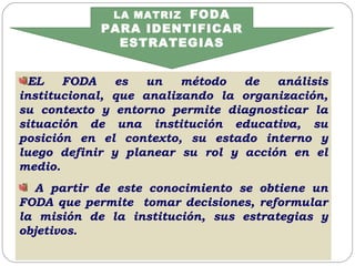 EL FODA es un método de análisis institucional, que analizando la organización, su contexto y entorno permite diagnosticar la situación de una institución educativa, su posición en el contexto, su estado interno y luego definir y planear su rol y acción en el medio. A partir de este conocimiento se obtiene un FODA que permite  tomar decisiones, reformular la misión de la institución, sus estrategias y objetivos. LA MATRIZ  FODA PARA IDENTIFICAR ESTRATEGIAS 