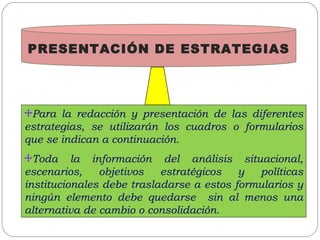 Para la redacción y presentación de las diferentes estrategias, se utilizarán los cuadros o formularios que se indican a continuación. Toda la información del análisis situacional, escenarios, objetivos estratégicos y políticas institucionales debe trasladarse a estos formularios y ningún elemento debe quedarse  sin al menos una alternativa de cambio o consolidación. PRESENTACIÓN DE ESTRATEGIAS 