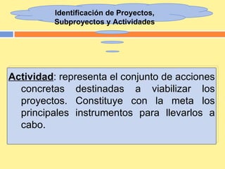 Identificación de Proyectos, Subproyectos y Actividades Actividad : representa el conjunto de acciones concretas destinadas a viabilizar los proyectos. Constituye con la meta los principales instrumentos para llevarlos a cabo. 