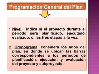 Programación General del Plan Nivel :  indica si el proyecto durante el período será planificado, ejecutado, evaluado, o, las tres etapas a la vez. 2.  Cronograma : considera los años del plan, en donde se ubican las barras correspondientes a los períodos de planificación, ejecución y evaluación del proyecto y subproyecto. 