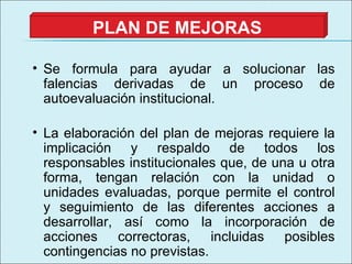PLAN DE MEJORAS Se formula para ayudar a solucionar las falencias derivadas de un proceso de autoevaluación institucional. La elaboración del plan de mejoras requiere la implicación y respaldo de todos los responsables institucionales que, de una u otra forma, tengan relación con la unidad o unidades evaluadas, porque permite el control y seguimiento de las diferentes acciones a desarrollar, así como la incorporación de acciones correctoras, incluidas posibles contingencias no previstas. 
