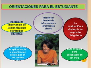 Apreciar la importancia de la planificación estratégica educativa Este módulo será estudiado en un mes Destacar sobre  la aplicación de la planificación estratégica en los centros educativos.  Identificar fuentes de información e informantes claves La evaluación a distancia es requisito obligatorio 