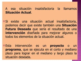 A esa situación insatisfactoria la llamamos  Situación Actual .  Si existe una situación actual   insatisfactoria, podemos decir que existe también una  Situación Futura Deseada  que sería el resultado de una  intervención  diseñada para mejorar algunos o todos los elementos de la situación actual.  Esta intervención es un  proyecto  o un  programa , que se ejecuta en el corto y mediano plazo para lograr en el mediano y largo plazo la situación deseada. 