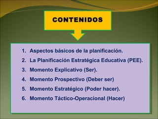 Aspectos básicos de la planificación. La Planificación Estratégica Educativa (PEE). Momento Explicativo (Ser). Momento Prospectivo (Deber ser) Momento Estratégico (Poder hacer). Momento Táctico-Operacional (Hacer)  CONTENIDOS 