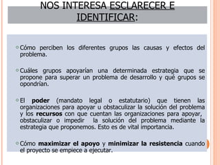 Cómo perciben los diferentes grupos las causas y efectos del problema. Cuáles grupos apoyarían una determinada estrategia que se propone para superar un problema de desarrollo y qué grupos se opondrían.  El  poder  (mandato legal o estatutario) que tienen las organizaciones para apoyar u obstaculizar la solución del problema y los  recursos  con que cuentan las organizaciones para apoyar,  obstaculizar o impedir  la solución del problema mediante la estrategia que proponemos. Esto es de vital importancia. Cómo  maximizar el apoyo  y  minimizar la resistencia  cuando el proyecto se empiece a ejecutar. NOS INTERESA  ESCLARECER E IDENTIFICAR : 