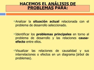 HACEMOS EL  ANÁLISIS DE PROBLEMAS  PARA: Analizar la  situación actual  relacionada con el problema de desarrollo seleccionado. Identificar los  problemas principales  en torno al problema de desarrollo y las relaciones  causa-efecto  entre ellos.  Visualizar las relaciones de causalidad y sus interrelaciones o efectos en un diagrama (árbol de problemas). 
