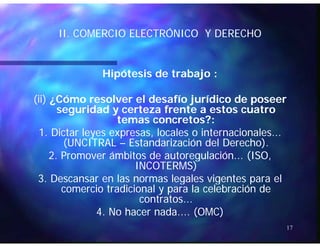 IIII COMERCIO ELECTRÓNICOCOMERCIO ELECTRÓNICO Y DERECHOY DERECHOII.II. COMERCIO ELECTRÓNICOCOMERCIO ELECTRÓNICO Y DERECHOY DERECHO
HipótesisHipótesis de trabajo :de trabajo :
((iiii)) ¿Cómo resolver el desafío jurídico de poseer¿Cómo resolver el desafío jurídico de poseer
seguridad y certeza frente aseguridad y certeza frente a estos cuatroestos cuatro
temas concretos?:temas concretos?:
1. Dictar leyes expresas, locales o internacionales...1. Dictar leyes expresas, locales o internacionales...
(UNCITRAL(UNCITRAL –– Estandarización del Derecho).Estandarización del Derecho).
2 Promover ámbitos de2 Promover ámbitos de autoregulaciónautoregulación (ISO(ISO2. Promover ámbitos de2. Promover ámbitos de autoregulaciónautoregulación... (ISO,... (ISO,
INCOTERMS)INCOTERMS)
3. Descansar en las normas legales vigentes para el3. Descansar en las normas legales vigentes para elg g pg g p
comercio tradicional y para la celebración decomercio tradicional y para la celebración de
contratos...contratos...
4 No hacer nada (OMC)4 No hacer nada (OMC)
17
4. No hacer nada.... (OMC)4. No hacer nada.... (OMC)
 