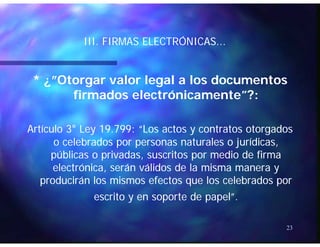 III. FIRMAS ELECTRÓNICAS...III. FIRMAS ELECTRÓNICAS...
* ¿”Otorgar v* ¿”Otorgar valor legal a los documentosalor legal a los documentos
firmados electrónicamente”?:firmados electrónicamente”?:firmados electrónicamente ?:firmados electrónicamente ?:
Artículo 3Artículo 3°° Ley 19.799: “Los actos y contratos otorgadosLey 19.799: “Los actos y contratos otorgados
o celebrados por personas naturales o jurídicas,o celebrados por personas naturales o jurídicas,
públicas o privadas suscritos por medio de firmapúblicas o privadas suscritos por medio de firmapúblicas o privadas, suscritos por medio de firmapúblicas o privadas, suscritos por medio de firma
electrónica, serán válidos de la misma manera yelectrónica, serán válidos de la misma manera y
producirán los mismos efectos que los celebrados porproducirán los mismos efectos que los celebrados porproducirán los mismos efectos que los celebrados porproducirán los mismos efectos que los celebrados por
escrito y en soporte de papel”.escrito y en soporte de papel”.
23
 