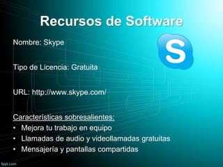 Recursos de Software
Nombre: Skype
Tipo de Licencia: Gratuita
URL: http://www.skype.com/
Características sobresalientes:
• Mejora tu trabajo en equipo
• Llamadas de audio y videollamadas gratuitas
• Mensajería y pantallas compartidas
 