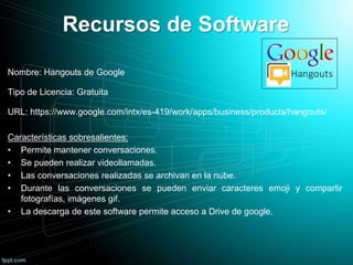 Recursos de Software
Nombre: Hangouts de Google
Tipo de Licencia: Gratuita
URL: https://www.google.com/intx/es-419/work/apps/business/products/hangouts/
Características sobresalientes:
• Permite mantener conversaciones.
• Se pueden realizar videollamadas.
• Las conversaciones realizadas se archivan en la nube.
• Durante las conversaciones se pueden enviar caracteres emoji y compartir
fotografías, imágenes gif.
• La descarga de este software permite acceso a Drive de google.
 