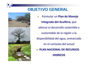 OBJETIVO GENERAL
       Formular un Plan de Manejo 
      Integrado del Acuífero, que 
    adecue el desarrollo sostenible y 
      sustentable de la región a la 
   disponibilidad del agua, enmarcado 
        en el contexto del actual
     PLAN NACIONAL DE RECURSOS 
               HIDRICOS
 