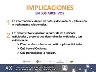 IMPLICACIONES
                       EN LOS ARCHIVOS
    La información se deriva de datos y documentos y estos están
1   estrechamente relacionados.

    Los documentos se generan a partir de las funciones,
2   actividades y procesos que desarrollan las entidades y son
    evidencia de:
         Cómo se desarrollaron las políticas y las actividades.
         Qué hace el Gobierno.
         Qué transacciones se realizan.
 