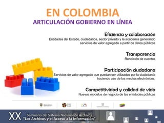 EN COLOMBIA
ARTICULACIÓN GOBIERNO EN LÍNEA
                                           Eficiencia y colaboración
    Entidades del Estado, ciudadanos, sector privado y la academia generando
                         servicios de valor agregado a partir de datos públicos


                                                          Transparencia
                                                         Rendición de cuentas


                                           Participación ciudadana
       Servicios de valor agregado que puedan ser utilizados por la ciudadanía
                                     haciendo uso de los medios electrónicos.


                             Competitividad y calidad de vida
                        Nuevos modelos de negocio de las entidades públicas
 