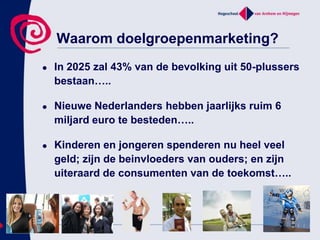 Waarom doelgroepenmarketing?In 2025 zal 43% van de bevolking uit 50-plussers bestaan…..NieuweNederlandershebbenjaarlijksruim 6 miljard euro tebesteden…..Kinderen en jongerenspenderen nu heel veel geld; zijn de beinvloeders van ouders; en zijnuiteraard de consumenten van de toekomst…..