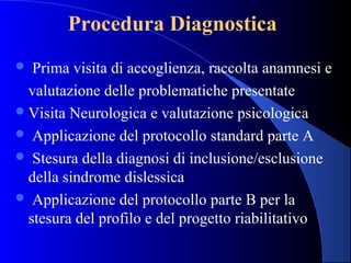 Procedura Diagnostica
 Prima visita di accoglienza, raccolta anamnesi e
valutazione delle problematiche presentate
Visita Neurologica e valutazione psicologica
 Applicazione del protocollo standard parte A
 Stesura della diagnosi di inclusione/esclusione
della sindrome dislessica
 Applicazione del protocollo parte B per la
stesura del profilo e del progetto riabilitativo
 