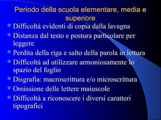 Periodo della scuola elementare, media ePeriodo della scuola elementare, media e
superioresuperiore
Difficoltà evidenti di copia dalla lavagna
Distanza dal testo e postura particolare per
leggere
Perdita della riga e salto della parola in lettura
Difficoltà ad utilizzare armoniosamente lo
spazio del foglio
Disgrafia: macroscrittura e/o microscrittura
Omissione delle lettere maiuscole
Difficoltà a riconoscere i diversi caratteri
tipografici
 