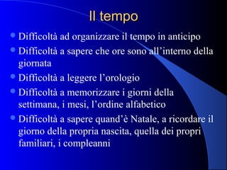 Il tempoIl tempo
Difficoltà ad organizzare il tempo in anticipo
Difficoltà a sapere che ore sono all’interno della
giornata
Difficoltà a leggere l’orologio
Difficoltà a memorizzare i giorni della
settimana, i mesi, l’ordine alfabetico
Difficoltà a sapere quand’è Natale, a ricordare il
giorno della propria nascita, quella dei propri
familiari, i compleanni
 
