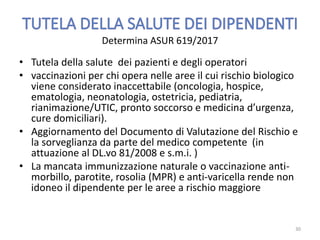 Determina ASUR 619/2017
• Tutela della salute dei pazienti e degli operatori
• vaccinazioni per chi opera nelle aree il cui rischio biologico
viene considerato inaccettabile (oncologia, hospice,
ematologia, neonatologia, ostetricia, pediatria,
rianimazione/UTIC, pronto soccorso e medicina d’urgenza,
cure domiciliari).
• Aggiornamento del Documento di Valutazione del Rischio e
la sorveglianza da parte del medico competente (in
attuazione al DL.vo 81/2008 e s.m.i. )
• La mancata immunizzazione naturale o vaccinazione anti-
morbillo, parotite, rosolia (MPR) e anti-varicella rende non
idoneo il dipendente per le aree a rischio maggiore
30
 