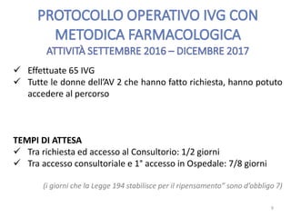  Effettuate 65 IVG
 Tutte le donne dell’AV 2 che hanno fatto richiesta, hanno potuto
accedere al percorso
TEMPI DI ATTESA
 Tra richiesta ed accesso al Consultorio: 1/2 giorni
 Tra accesso consultoriale e 1° accesso in Ospedale: 7/8 giorni
(i giorni che la Legge 194 stabilisce per il ripensamento” sono d’obbligo 7)
9
 