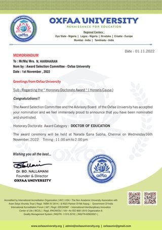 my honory doctorate  from oxfaa university, convocation at narathagana saba chennai date on 16.11.22ariharan23900  #hedunapublications     #h