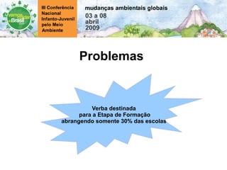 Problemas Verba destinada para a Etapa de Formação abrangendo somente 30% das escolas