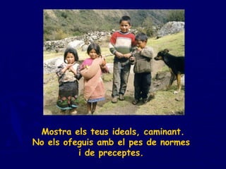Mostra els teus ideals, caminant. No els ofeguis amb el pes de normes  i de preceptes.  
