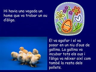 Hi havia una vegada un home que va trobar un ou d’àliga.  El va agafar i el va posar en un niu d’ous de gallina. La gallina va incubar tots els ous i l’àliga va néixer així com també la resta dels pollets. 