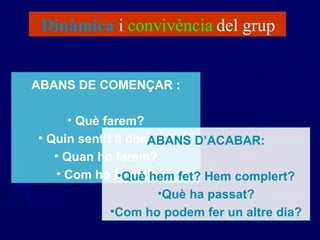 Dinàmica  i  convivència  del grup ABANS DE COMENÇAR : Què farem? Quin sentit li donem? Quan ho farem? Com ho farem? ABANS D’ACABAR: Què hem fet? Hem complert? Què ha passat? Com ho podem fer un altre dia? 