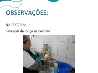 OBSERVAÇÕES:
NA ESCOLA:
Lavagem da louça na cozinha:
 