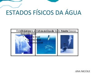 ESTADOS FÍSICOS DA ÁGUA
Clique para editar os estilos do texto mestre
Segundo nível

Terceiro nível

Quarto nível

Quinto nível
ANA NICOLE
 