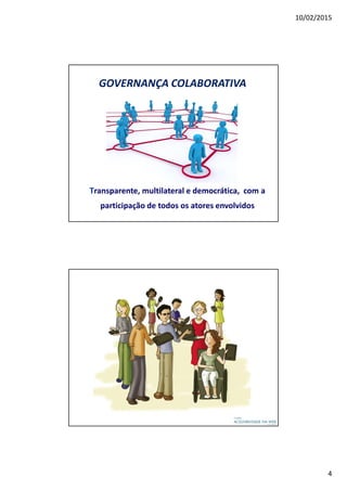 10/02/2015
4
GOVERNANÇA COLABORATIVA
Transparente, multilateral e democrática, com a
participação de todos os atores envolvidos
 