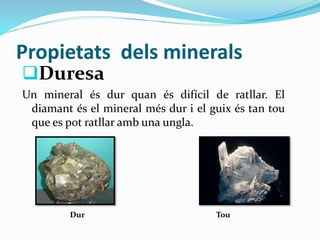 Propietats dels minerals
Duresa
Un mineral és dur quan és difícil de ratllar. El
diamant és el mineral més dur i el guix és tan tou
que es pot ratllar amb una ungla.
Dur Tou
 