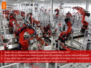 1. Quais são os potenciais acontecimentos que podem afetar-me?
2. Quais são os fatores mais importantes que influenciarão a minha vida profissional?
3. O que devo fazer para garantir que estou no caminho certo para criar uma carreira
resistente ao futuro numa era de turbulência? Lynda Gratton
1
 