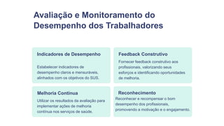 Avaliação e Monitoramento do
Desempenho dos Trabalhadores
Indicadores de Desempenho
Estabelecer indicadores de
desempenho claros e mensuráveis,
alinhados com os objetivos do SUS.
Feedback Construtivo
Fornecer feedback construtivo aos
profissionais, valorizando seus
esforços e identificando oportunidades
de melhoria.
Melhoria Contínua
Utilizar os resultados da avaliação para
implementar ações de melhoria
contínua nos serviços de saúde.
Reconhecimento
Reconhecer e recompensar o bom
desempenho dos profissionais,
promovendo a motivação e o engajamento.
 
