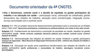 Documento orientador da 4ª CNGTES
Eixo 1 Democracia, controle social e o desafio da equidade na gestão participativa do
trabalho e na educação em saúde – participação social, valorização do trabalhador, gestão
democrática das relações de trabalho, educação como transformação, integração ensino-
serviço-comunidade com o controle social
Subeixo 1.1 - Por um projeto nacional de desenvolvimento participativo para a conquista de um Estado
para o “bem viver” (democracia participativa, investimento em políticas públicas com vistas ao bem estar social);
Subeixo 1.2 - Fortalecimento da democracia e promoção da equidade em saúde: desafios da gestão
participativa (saúde - direito universal, ampliação estruturas públicas para cuidado, controle social, construir
espaços de debate)
Subeixo 1.3 - Democratização das relações de trabalho em saúde: fortalecer a gestão participativa
(espaços de negociação – Mesa Nacional de Negociação Permanente do SUS – melhoria das relações de trabalho e
remuneração);
Subeixo 1.4 - Educação em saúde como experiência transformadora das relações de trabalho e da
gestão participativa (perfis profissionais x necessidades do trabalho, abordagens inovadores ensino-
aprendizagem).
 