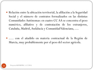 Relaciónentrelaubicaciónterritorial,laafiliaciónalaSeguridadSocialyelnúmerodecontratosformalizadosenlasdistintasComunidadesAutónomas:encuatroCCAAseconcentraelpesonumérico,afiliativoydecontratacióndelosextranjeros, Cataluña,Madrid,AndalucíayComunidadValenciana,.... 
.....conelañadidoenmateriacontractualdelaRegióndeMurcia,muyprobablementeporelpesodelsectoragrícola. 
Proyecto REPARTIR. 5.12.2014. 19  