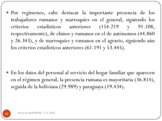Porregímenes,cabedestacarlaimportantepresenciadelostrabajadoresrumanosymarroquíesenelgeneral,siguiendoloscriteriosestadísticosanteriores(154.219y91.108, respectivamente),dechinosyrumanoseneldeautónomos(44.860y26.343),ydemarroquíesyrumanosenelagrario,siguiendoaúnloscriteriosestadísticosanteriores(61.191y53.445). 
Enlosdatosdelpersonalalserviciodelhogarfamiliarqueaparecenenelrégimengeneral,lapresenciarumanaesmayoritaria(36.814), seguidadelaboliviana(29.989)yparaguaya(19.434). 
Proyecto REPARTIR. 5.12.2014. 31  