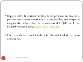Proyecto REPARTIR. 5.12.2014. 
Impactosobrelasituaciónjurídicadelaspersonassinderechoapercibirprestacionescontributivasoasistenciales,conriesgodeirregularidadsobrevenida,delasentenciadelTJUEde11denoviembre(CasoDano).http://bit.ly/1ERVcjI 
Librecirculacióncondicionadaaladisponibilidadderecursoseconómicos. 42  