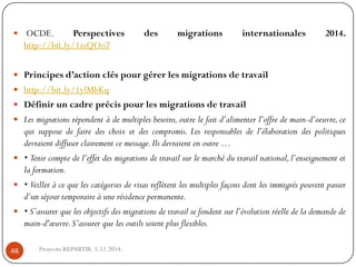 OCDE.Perspectivesdesmigrationsinternationales2014. http://bit.ly/1zsQOo7 
Principesd’actioncléspourgérerlesmigrationsdetravail 
http://bit.ly/1ylMbKq 
Définiruncadreprécispourlesmigrationsdetravail 
Lesmigrationsrépondentàdemultiplesbesoins,outrelefaitd’alimenterl’offredemain-d’oeuvre,cequisupposedefairedeschoixetdescompromis.Lesresponsablesdel’élaborationdespolitiquesdevraientdiffuserclairementcemessage.Ilsdevraientenoutre… 
•Tenircomptedel’effetdesmigrationsdetravailsurlemarchédutravailnational,l’enseignementetlaformation. 
•Veilleràcequelescatégoriesdevisasreflètentlesmultiplesfaçonsdontlesimmigréspeuventpasserd’unséjourtemporaireàunerésidencepermanente. 
•S’assurerquelesobjectifsdesmigrationsdetravailsefondentsurl’évolutionréelledelademandedemain-d'oeuvre.S’assurerquelesoutilssoientplusflexibles. 
Proyecto REPARTIR. 5.12.2014. 48  
