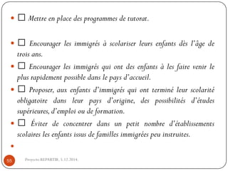 Mettreenplacedesprogrammesdetutorat. 
Encouragerlesimmigrésàscolariserleursenfantsdèsl’âgedetroisans. 
Encouragerlesimmigrésquiontdesenfantsàlesfairevenirleplusrapidementpossibledanslepaysd’accueil. 
Proposer,auxenfantsd’immigrésquiontterminéleurscolaritéobligatoiredansleurpaysd’origine,despossibilitésd’étudessupérieures,d’emploioudeformation. 
Éviterdeconcentrerdansunpetitnombred’établissementsscolaireslesenfantsissusdefamillesimmigréespeuinstruites. 
 
Proyecto REPARTIR. 5.12.2014. 55  