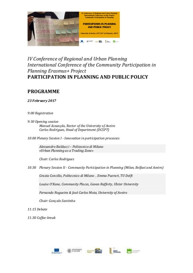 IV Conference of Regional and Urban Planning
International Conference of the Community Participation in
Planning Erasmus+ ...