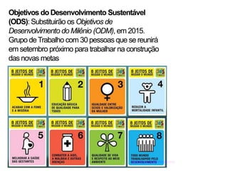 Objetivos do Desenvolvimento Sustentável
(ODS): Substituirão os Objetivos de
Desenvolvimento do Milênio (ODM), em 2015.
Grupo de Trabalho com 30 pessoas que se reunirá
em setembro próximo para trabalhar na construção
das novas metas
 