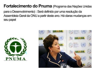 Fortalecimento do Pnuma (Programa das Nações Unidas
para o Desenvolvimento) : Será definido por uma resolução da
Assembleia Geral da ONU a partir deste ano. Há claras mudanças em
seu papel
 
