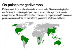 Os países megadiversos
Países mais ricos em biodiversidade do mundo. O número de plantas
endêmicas, é o critério principal para que um país seja considerado
megadiverso. Outros critérios são o número de espécies endêmicas em
geral e o número total de mamíferos, pássaros, répteis e anfíbios
 