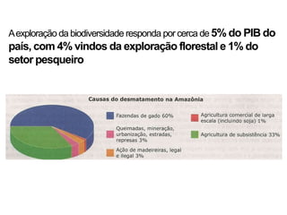 A exploração da biodiversidade responda por cerca de 5% do PIB do
país, com 4% vindos da exploração florestal e 1% do
setor pesqueiro
 