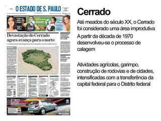 Cerrado
Até meados do século XX, o Cerrado
foi considerado uma área improdutiva
A partir da década de 1970
desenvolveu-se o processo de
calagem

Atividades agrícolas, garimpo,
construção de rodovias e de cidades,
intensificadas com a transferência da
capital federal para o Distrito federal
 
