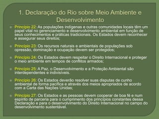  Princípio 22: As populações indígenas e outras comunidades locais têm um
papel vital no gerenciamento e desenvolvimento ambiental em função de
seus conhecimentos e práticas tradicionais. Os Estados devem reconhecer
e assegurar seus direitos;
 Princípio 23: Os recursos naturais e ambientais de populações sob
opressão, dominação e ocupação devem ser protegidos;
 Princípio 24: Os Estados devem respeitar o Direito Internacional e proteger
o meio ambiente em tempos de conflitos armados;
 Princípio 25: A Paz, o Desenvolvimento e a Proteção Ambiental são
interdependentes e indivisíveis.
 Princípio 26: Os Estados deverão resolver suas disputas de cunho
ambiental de forma pacífica e através dos meios apropriados de acordo
com a Carta das Nações Unidas;
 Princípio 27: Os Estados e as pessoas devem cooperar de boa fé e num
espírito de parceria para o cumprimento dos princípios constantes dessa
Declaração e para o desenvolvimento do Direito Internacional no campo do
desenvolvimento sustentável.
 