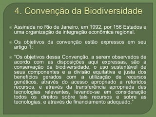 Assinada no Rio de Janeiro, em 1992, por 156 Estados e
uma organização de integração econômica regional.
 Os objetivos da convenção estão expressos em seu
artigo 1:
 “Os objetivos dessa Convenção, a serem observados de
acordo com as disposições aqui expressas, são a
conservação da biodiversidade, o uso sustentável de
seus componentes e a divisão equitativa e justa dos
benefícios gerados com a utilização de recursos
genéticos, através do acesso apropriado a referidos
recursos, e através da transferência apropriada das
tecnologias relevantes, levando-se em consideração
todos os direitos sobre tais recursos e sobre as
tecnologias, e através de financiamento adequado.”
 